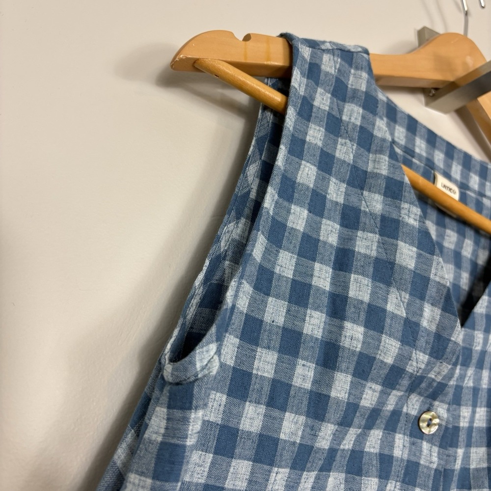 Lintico 100% Linen S Sleeveless Midi Dress Gingham Check Button Down Lagenlook - Picture 4 of 7